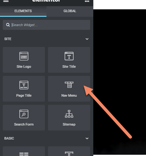 Arrow pointing to Nav Menu element of Elementor sidebar