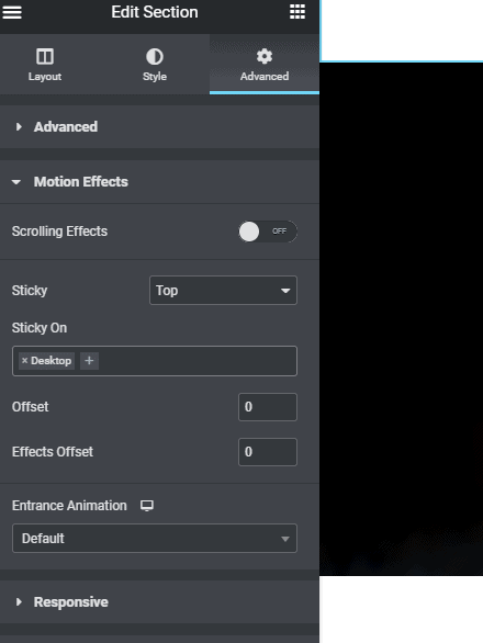 Elementor edit section, advanced tab, showing Sticky set to top and Sticky On set to Desktop