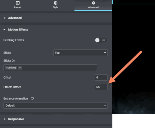 Arrow pointing to advanced tab, effects offset, set to 68