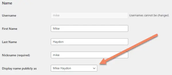 screenshot of WordPress profile admin area with arrow pointing to display name field