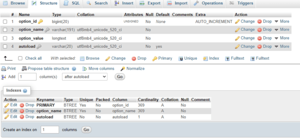 screenshot of structure tab in phpMyAdmin showing a primary key next to option_id