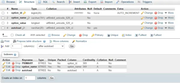 screenshot of structure tab in phpMyAdmin showing a primary key next to option_id