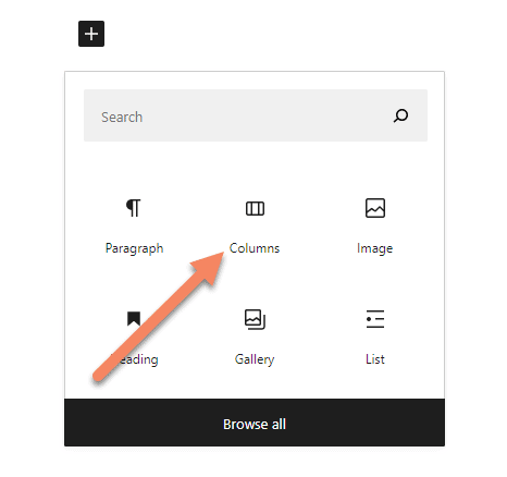 Gutenberg new block popup with an arrow pointing to the columns block