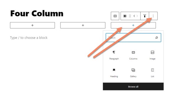 Gutenberg three column layout with an arrow pointing to one, selected column and another to the Options button for the column