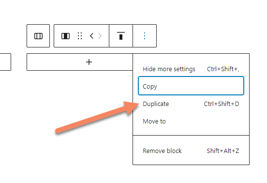 Gutenberg column is selected and the options button is clicked. An arrow is pointing to Duplicate on the options menu