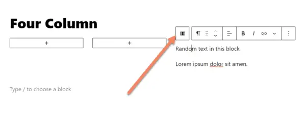 Arrow pointing to the choose column button of the selected text block
