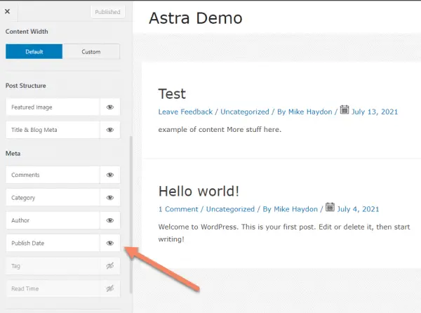 WordPress customizer with arrow pointing to visibility icon for Publish Date