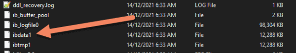 arrow pointing to ibdata1 file in new folder, which is 12,288 kb