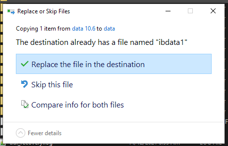 Prompt to replace ibdata1 in the new folder with the one from the old folder