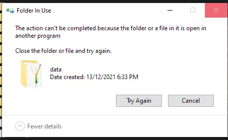 Error message that it can't copy the file across because the folder is in use