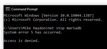 non-administrator command prompt showing access denied for stopping mariadb