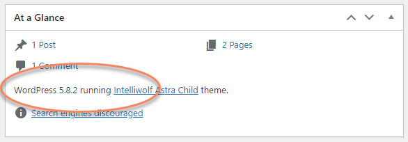 At a Glance widget showing WordPress version 5.8.2