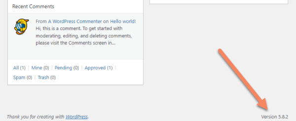 Arrow pointing to Version 5.8.2 at the bottom right of the WordPress admin area