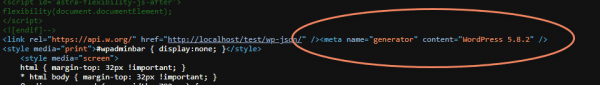 HTML source of part of the head of a WP site with meta generator circled