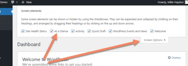 Arrows pointing to Screen Options and At a Glance checkbox on the WordPress dashboard