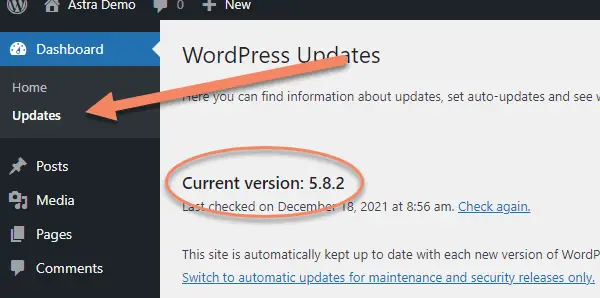 Arrow pointing to Updates in the WordPress admin area and Current version 5.8.2 is circled