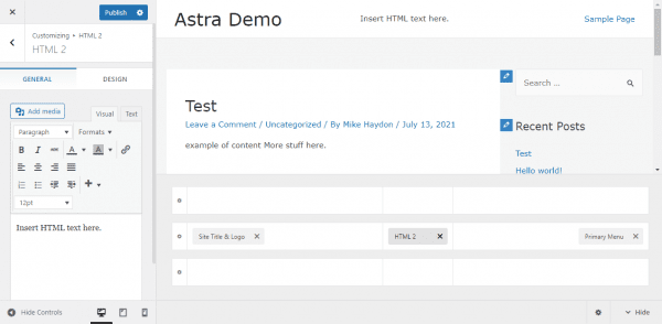 WP Astra theme customizer HTML block functioning correctly