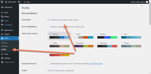 Wordpress User Profile with arrows pointing to Profile and Disable visual editor