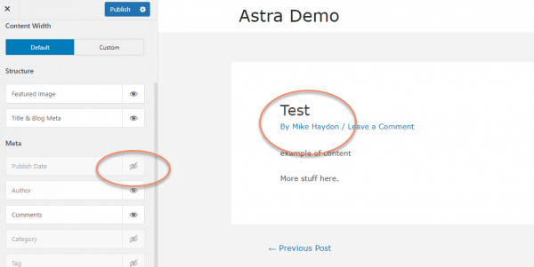 screenshot of Astra customizer highlighting publish date being hidden and not showing in the preview window