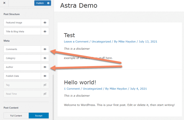 Astra customizer with arrows pointing to Meta elements