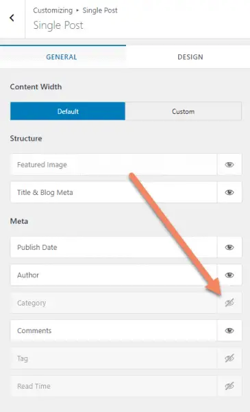 WordPress Theme Customizer with arrow pointing to greyed out Category in Astra Single Post